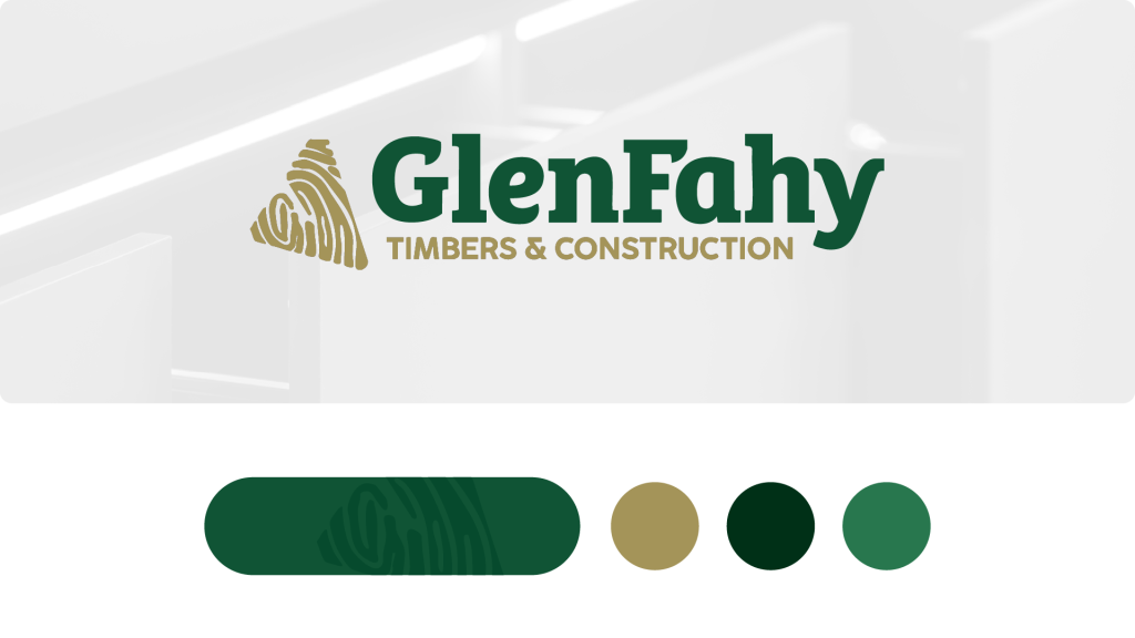 GlenFahy logo — woodchip triangle with fingerprint texture, with primary colour and three complementary colours.