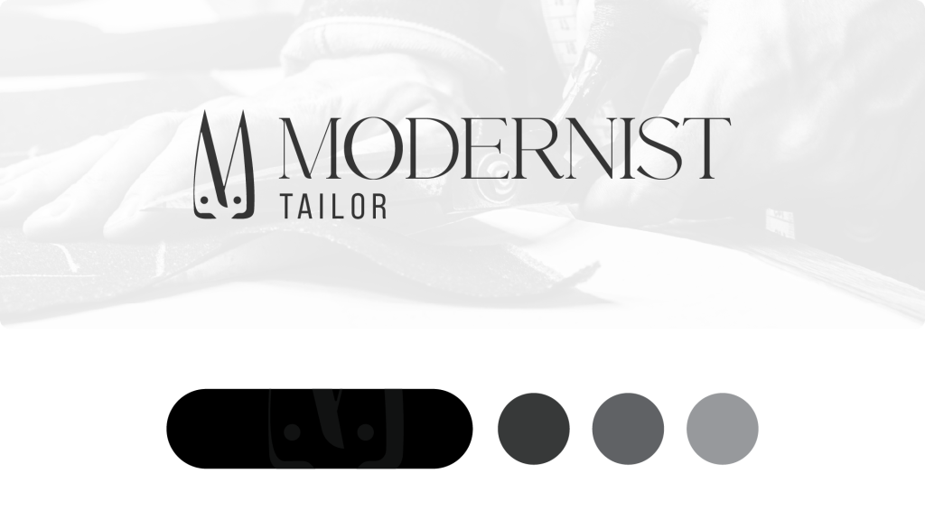 Modernist Tailor logo — “M” shaped like thread scissors, with primary colour and three complementary colours.