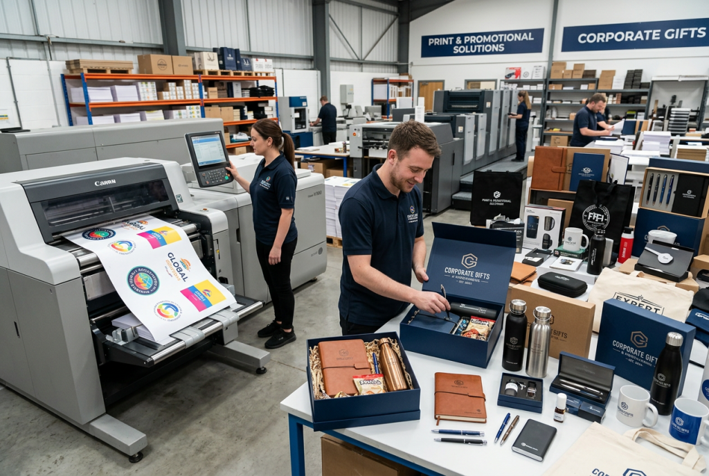 Depiction of various different forms of corporate gifts and printing